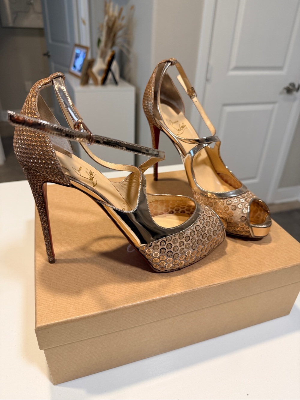 Christian Louboutin Mira Bella 120 Crystal Mesh Peep Toe Platform Heels EU 40